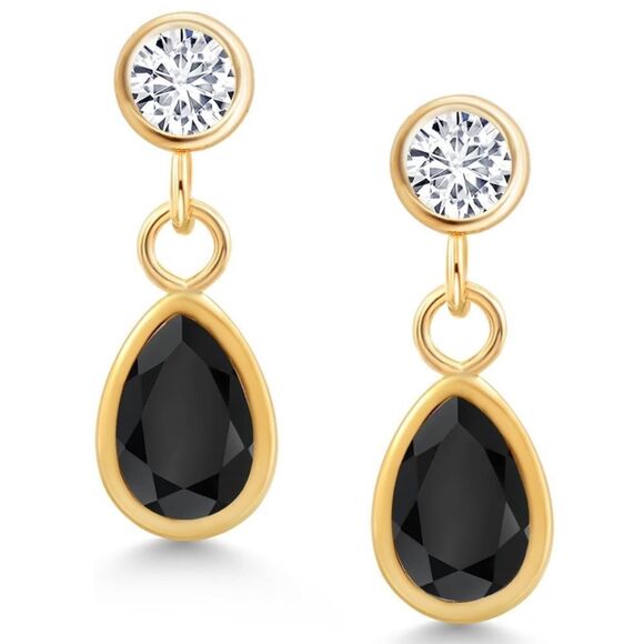 14K Yellow Gold with 0.76 Cttw Black Onyx and White Diamond Post Back Earrings - Picture 1 of 4